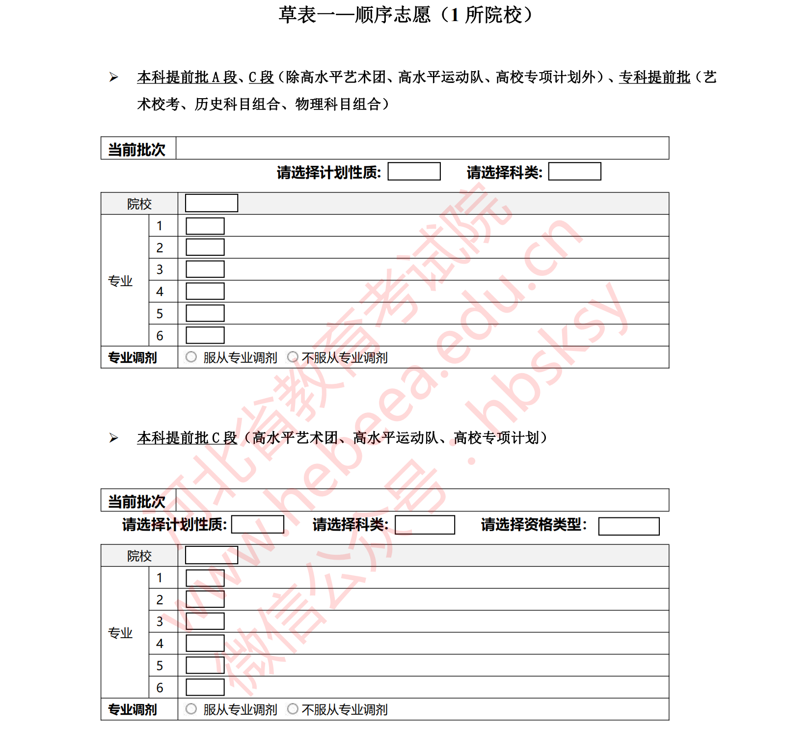 本科提前批A段、C段志愿表