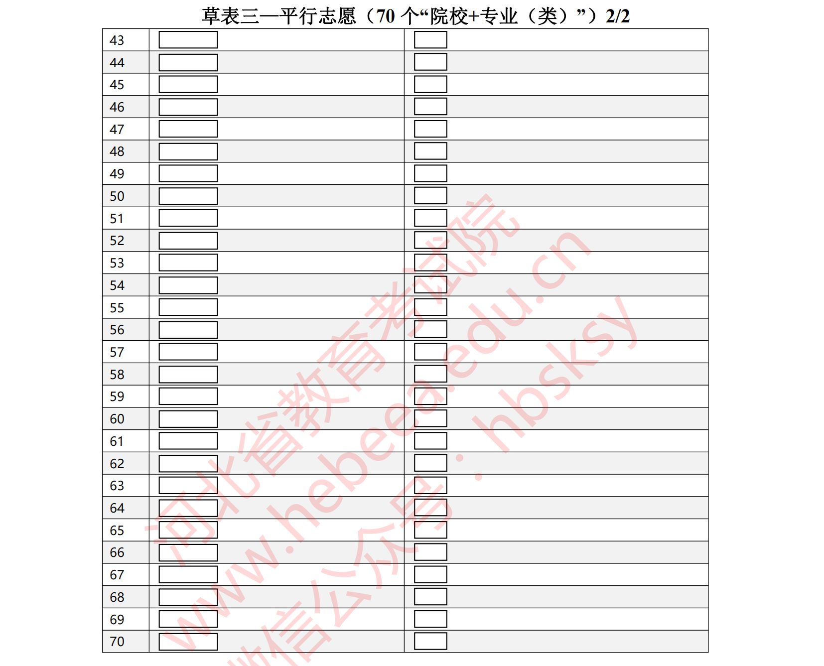 本科提前批B段志愿表