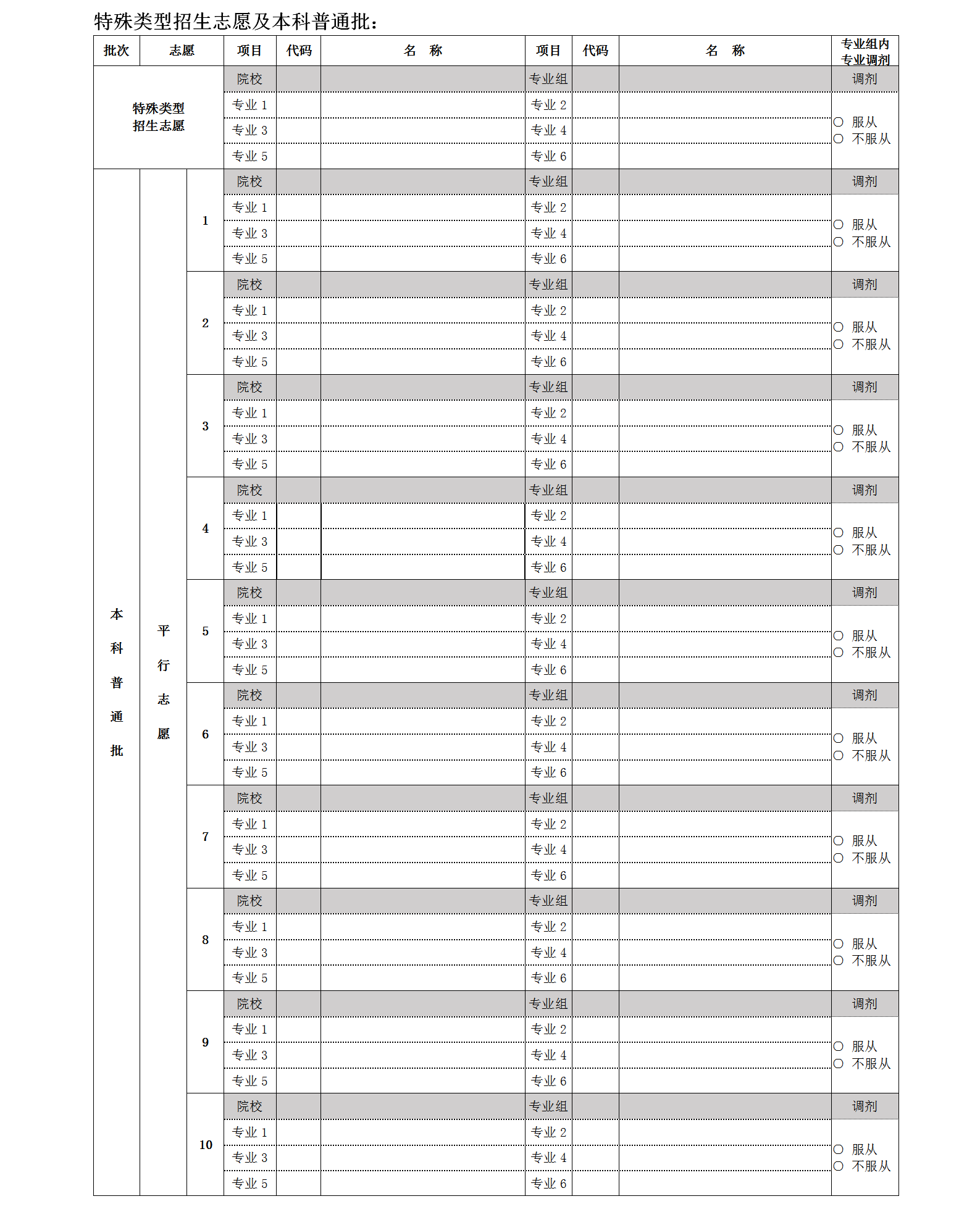 河北本科普通批志愿填报表模板