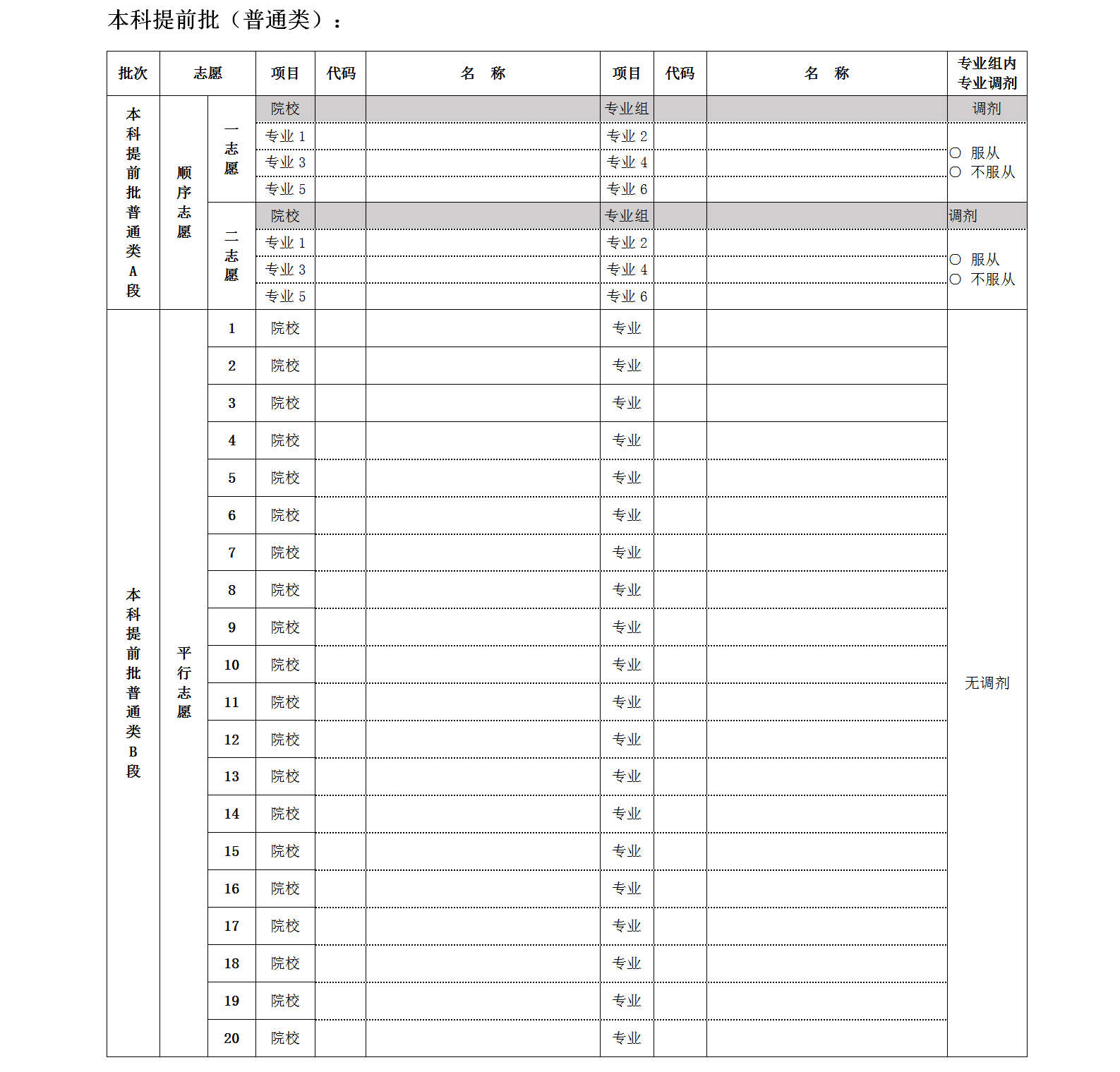 北京本科提前批志愿填报表模板