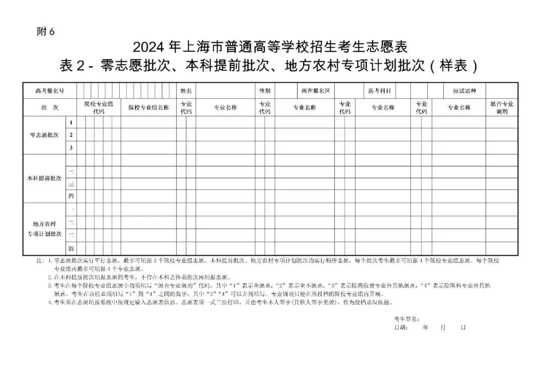 本科提前批次志愿填报样表