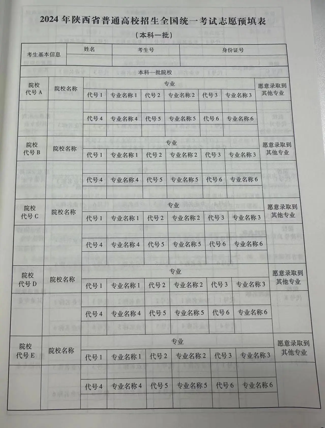 图：本科一批志愿填报样表模板